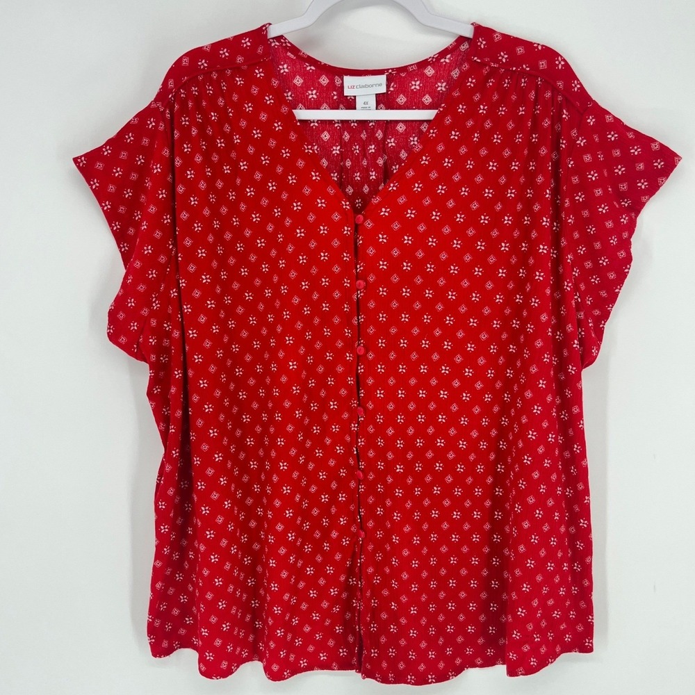 Liz Claiborne Women 4X Red Floral Print Button‎ Front Blouse V-Neck Rayon Top